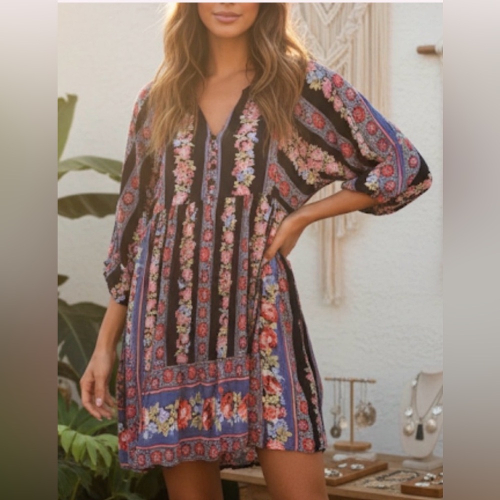 Umgee Floral Boho Dress - Blue and Pink